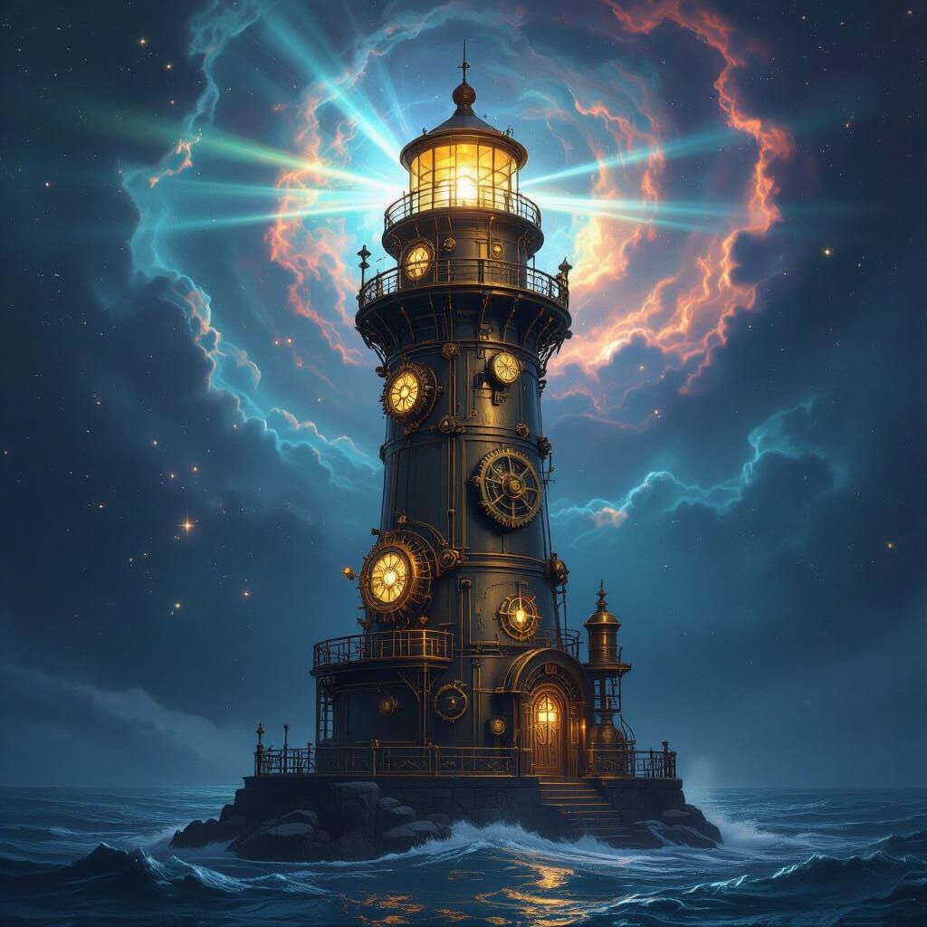 Steampunk Lighthouse in Cosmic Nebula