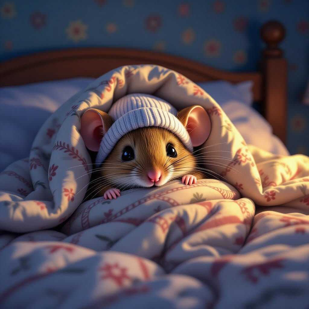 Shy Mouse Hiding in Bed: Hyperrealistic Art