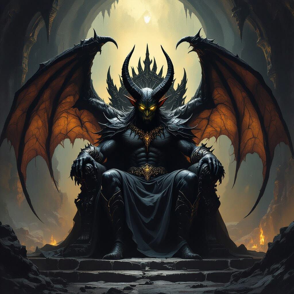 Colossal Demon King on Shadow Throne in Dark Fantasy Art