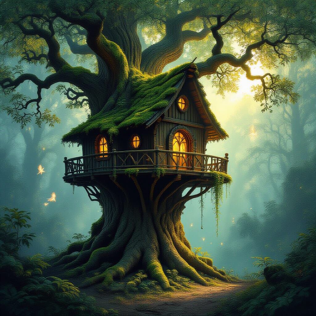 Ancient Mossy Treehouse in Mystical Forest