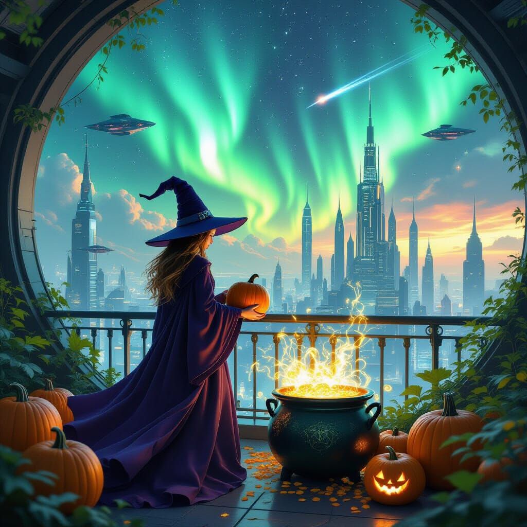 Futuristic Witch Tends Space Pumpkins on Balcony Garden