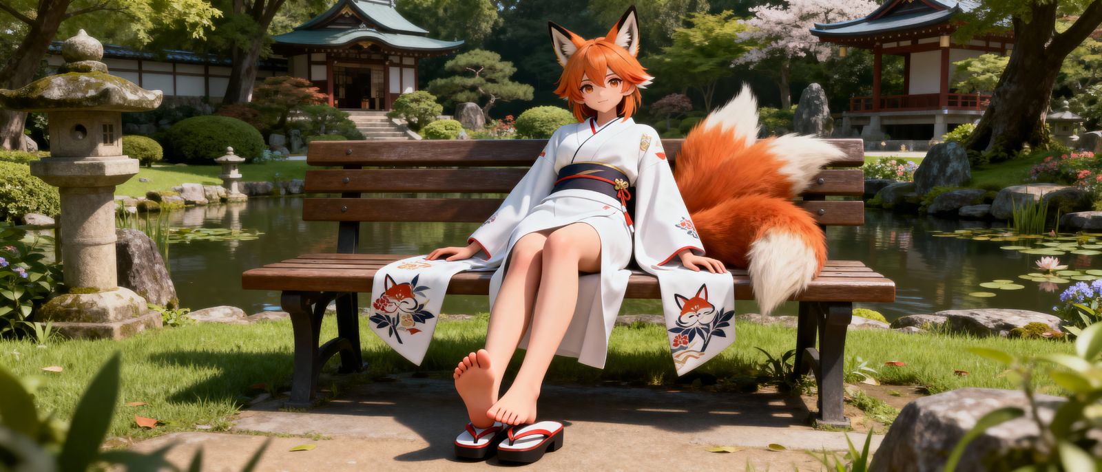 Anime Fox Girl in Kimono at Japanese Garden
