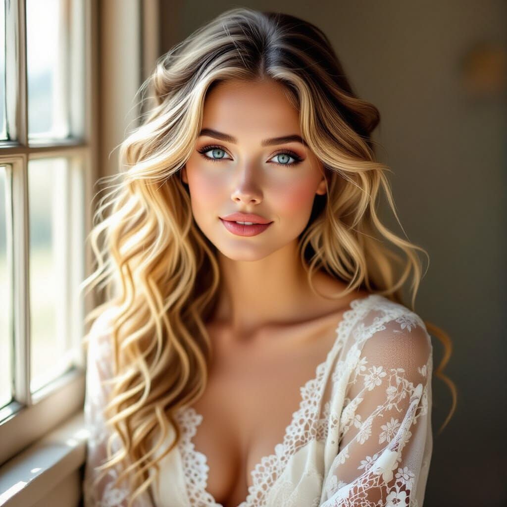 Ethereal Woman with Blonde Curls in Bohemian Dress