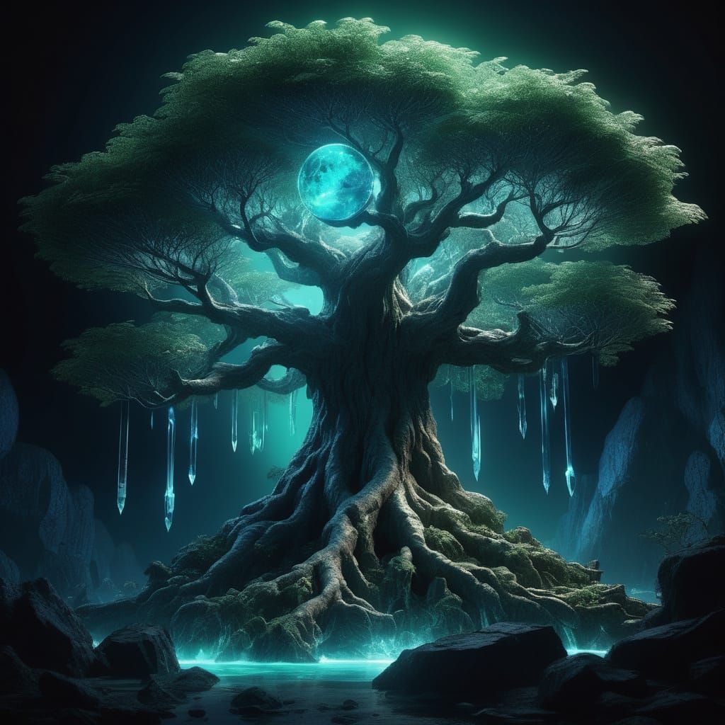 Ancient Tree Roots in Crystal Cavern Under Two Moons