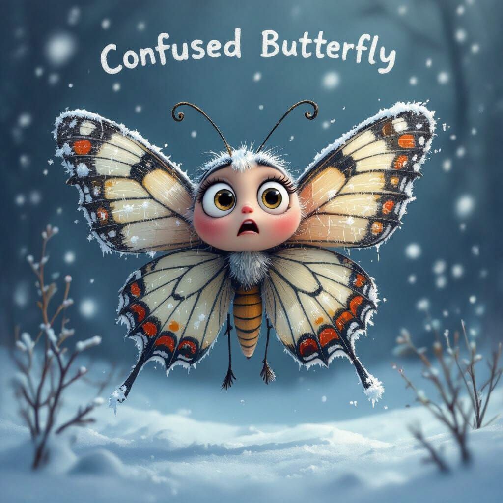 Confused Butterfly Lost in Winter, Pixar-Style