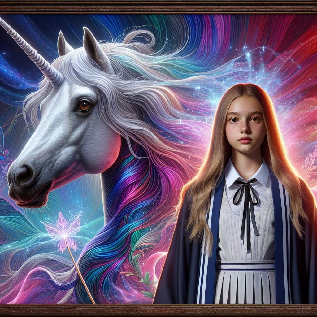 Fantasy Schoolgirl and Unicorn in Vibrant Matte Painting