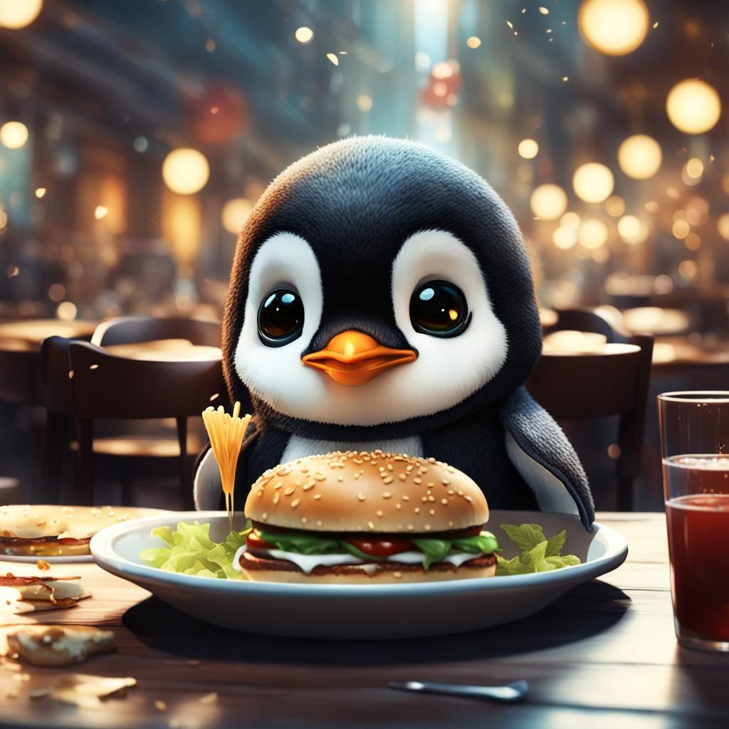 Chibi Penguin Enjoys Hamburger: 3D Render