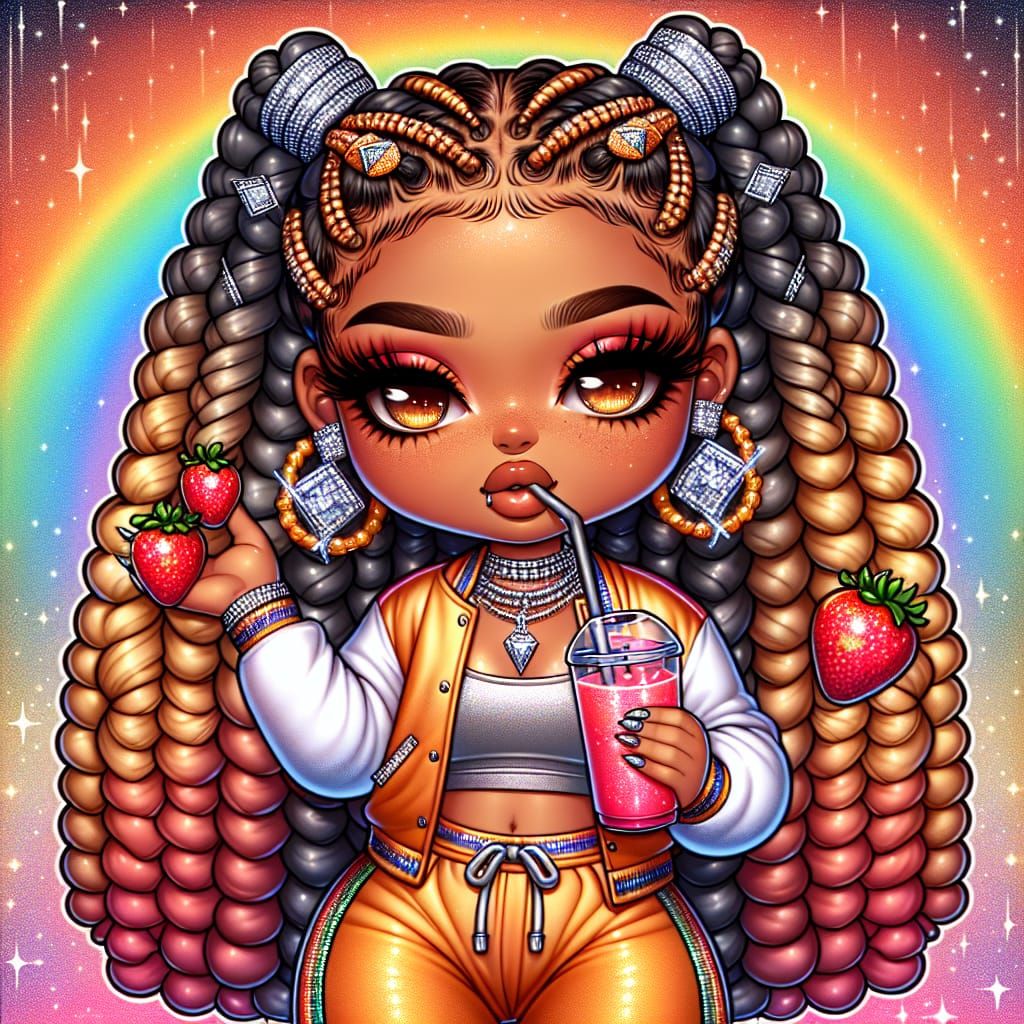 Chibi style airbrush illustration of a Latina - American brown sugar colored female, giant ombre orange to yellow braids...