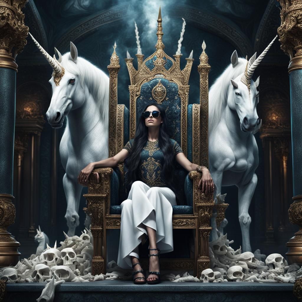 Woman on Bone Throne with Unicorn
