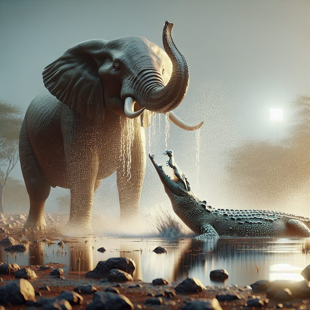 elephant is standing and drinking water, a crocodile comes