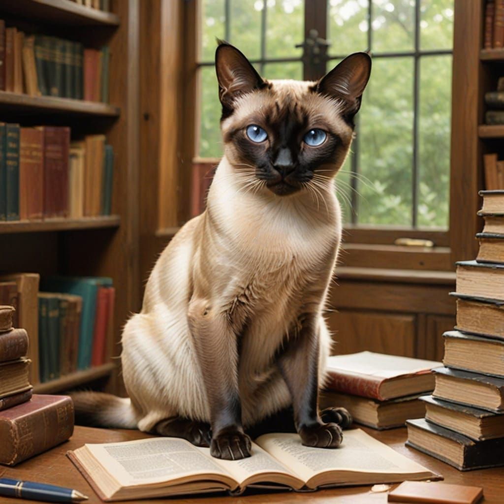 Sleek Siamese Cat in Elegant Study Setting