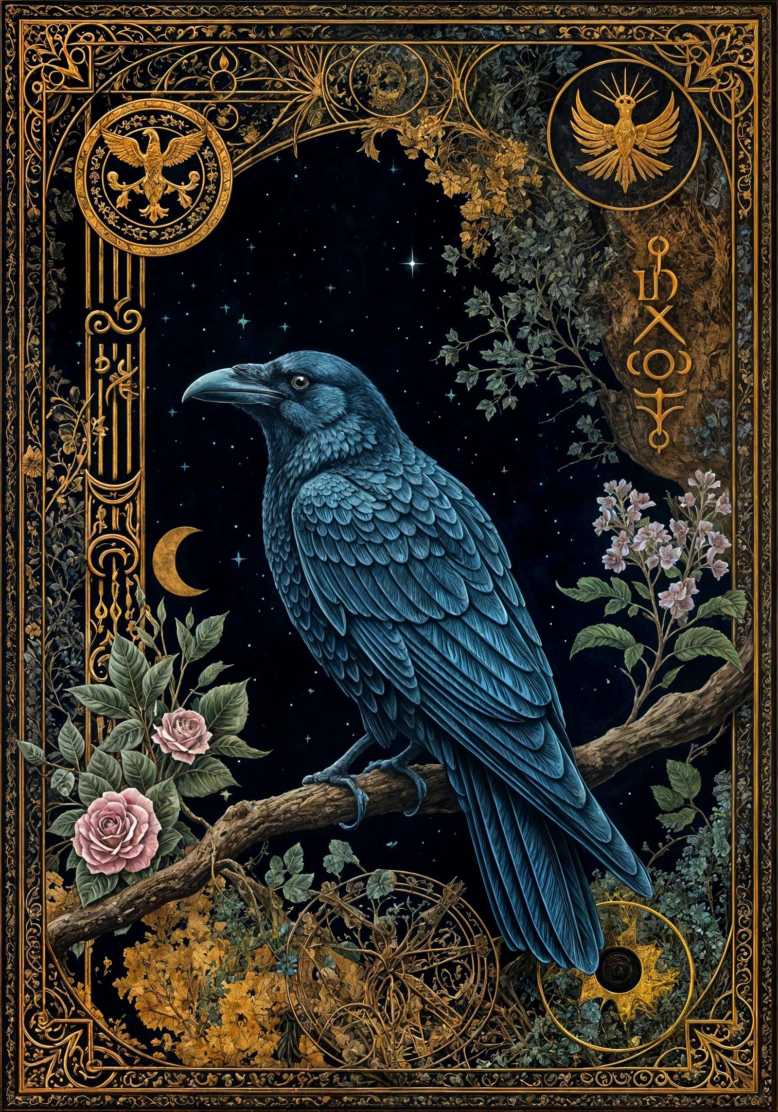 Gothic Raven with Celestial Glyphs in Dark Fantasy Style