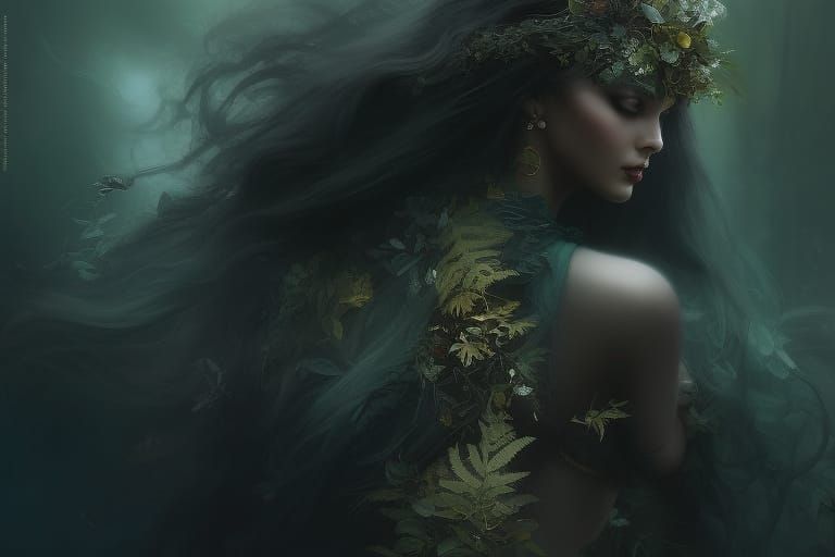Fern Queen Portrait in Psychedelic Digital Art Style