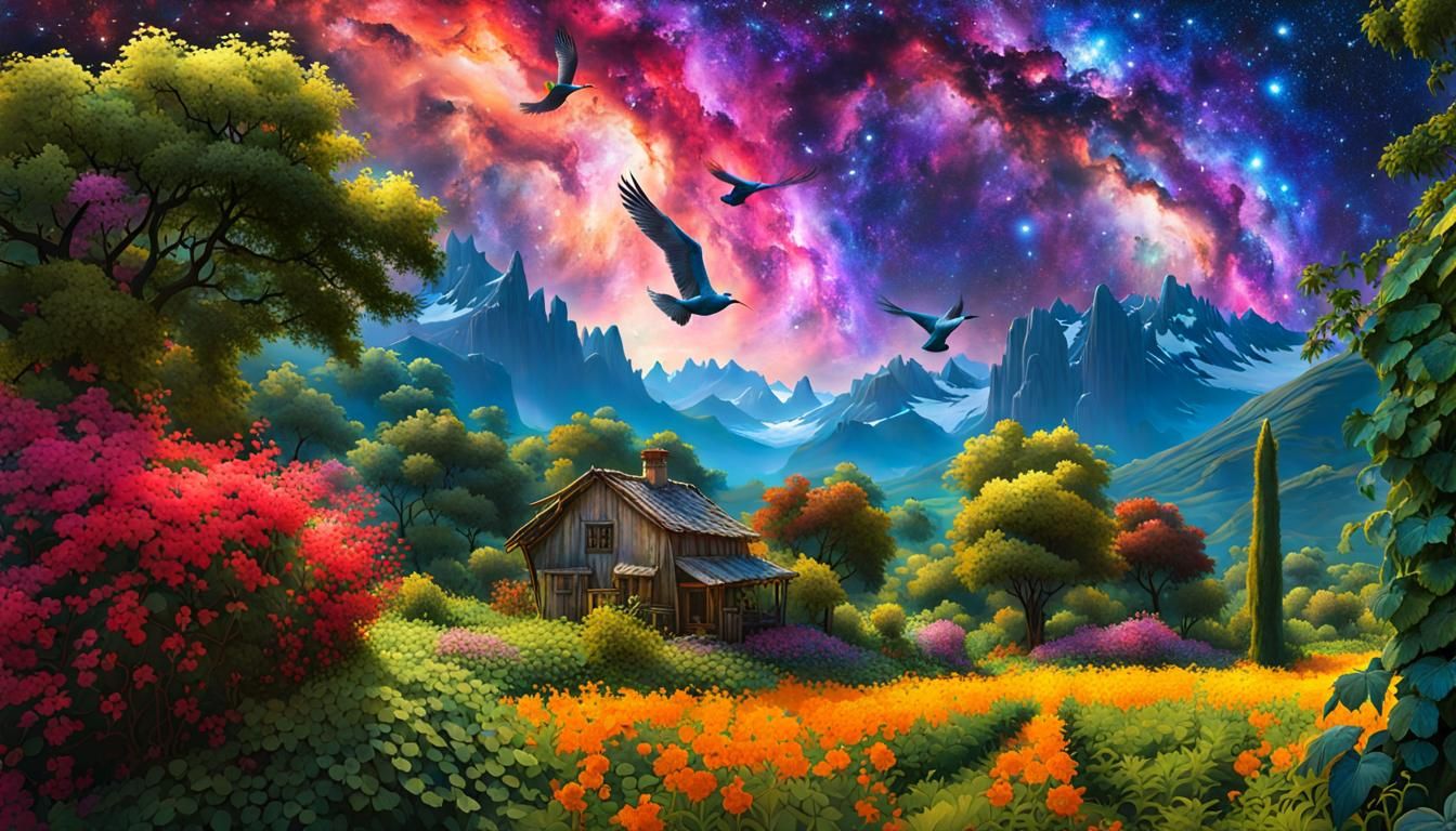 Cosmic Garden: Birds Fly Under Galaxy Sky