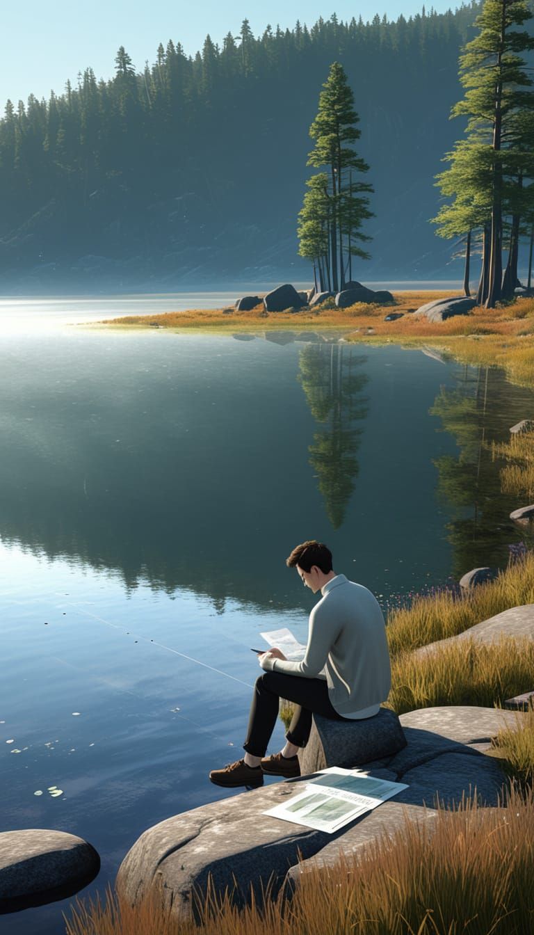 Anime Style Man Gazing at Misty Lake