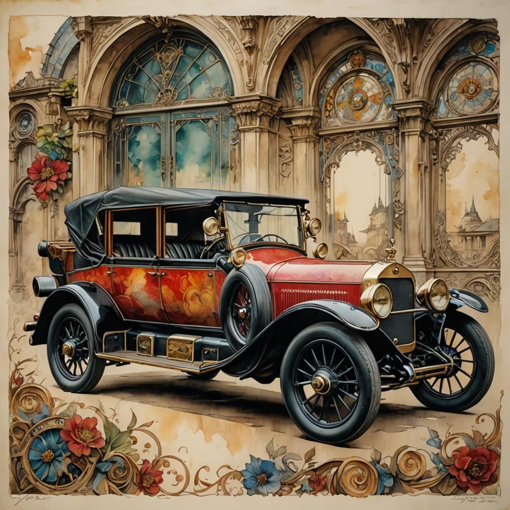 Luxurious Antique Car in Vivid Triadic Colors