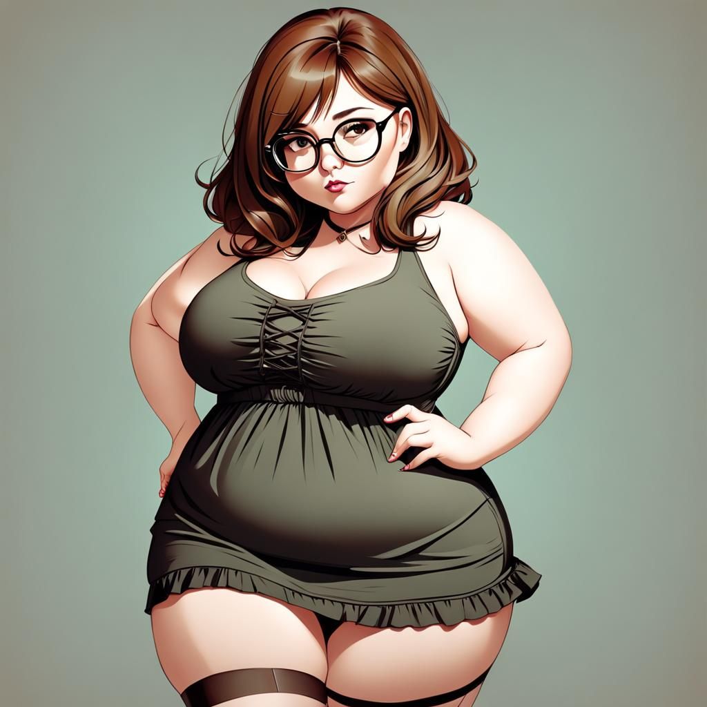 Curvy Woman with Brown Hair and Round Glasses