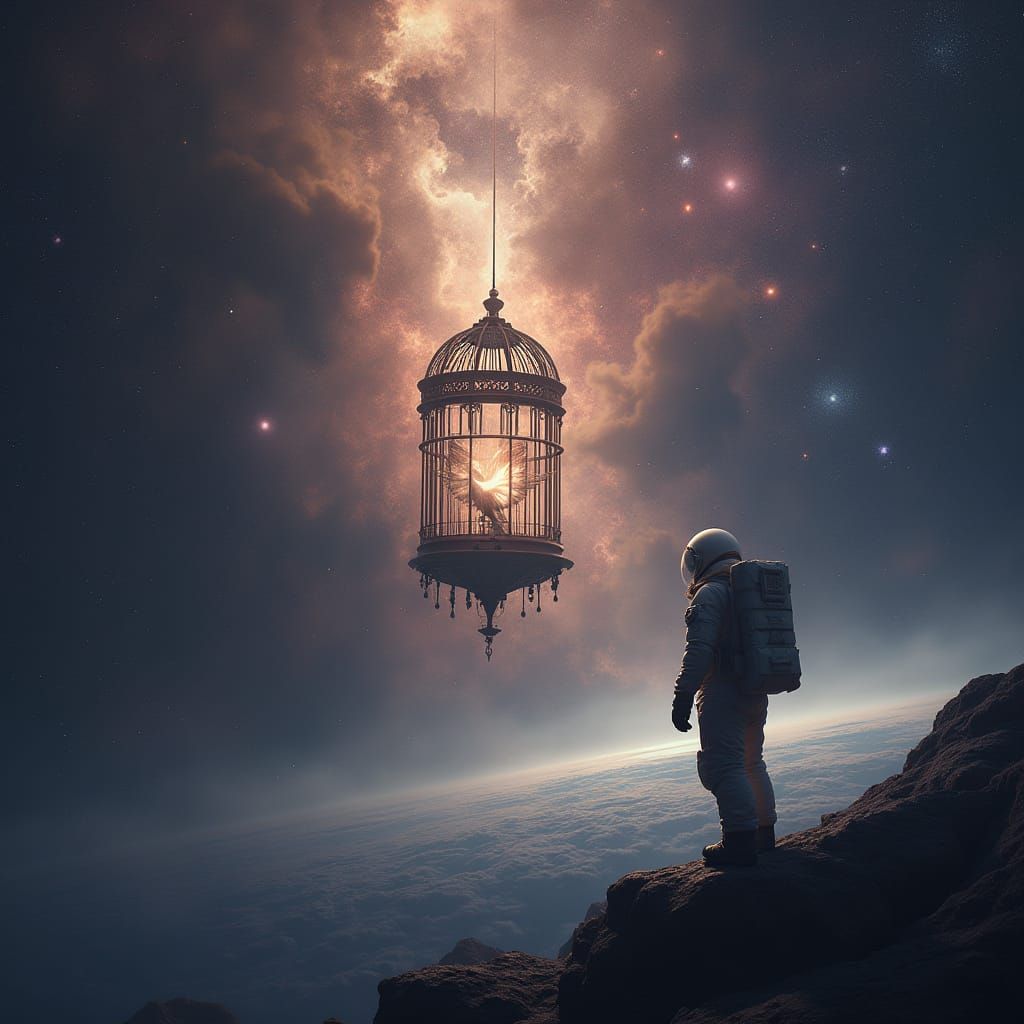 Astronaut Gazes at Celestial Birdcage with Phoenix