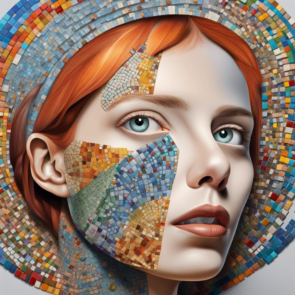 Hyperrealistic Woman with Mosaic Teeth and Rosette Eyes