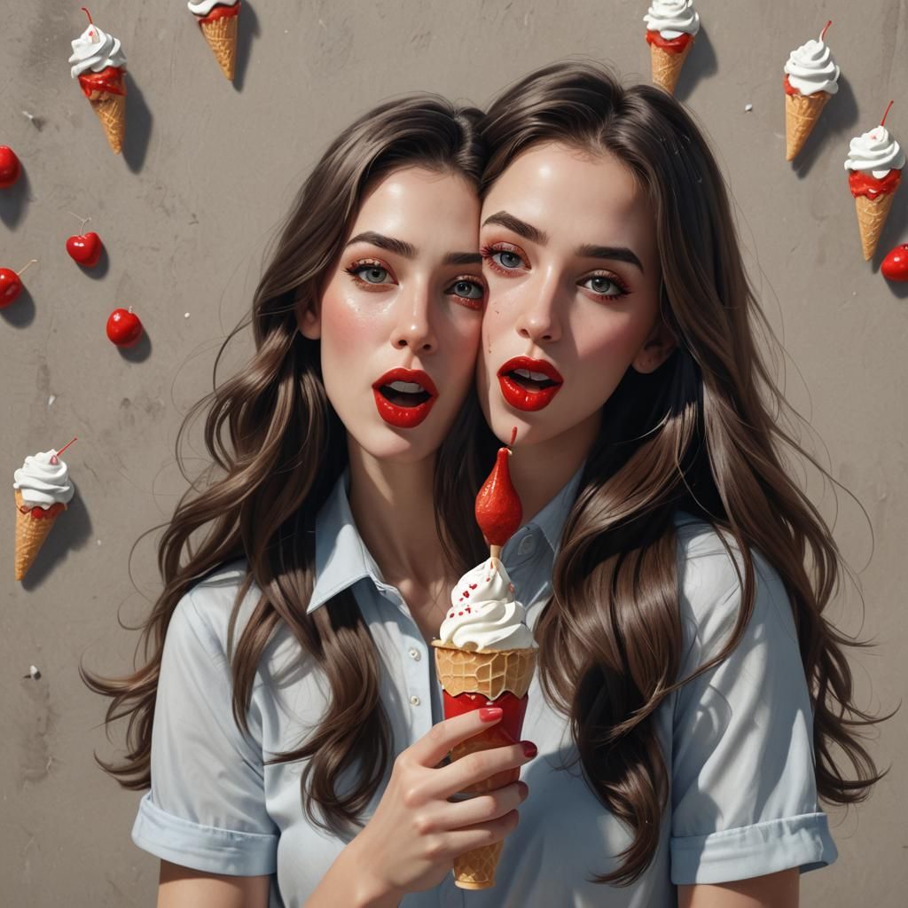 Woman with Red Lips Enjoys Ice Cream