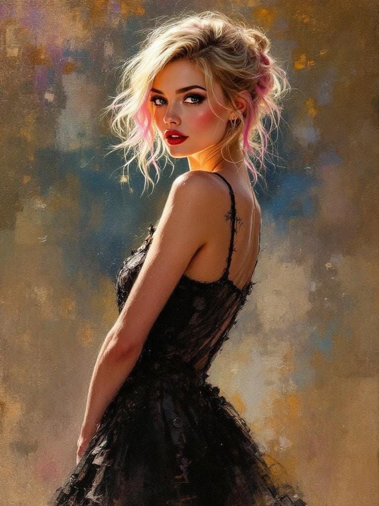 Pin-Up Woman with Pink Hair, Textured Oil Painting