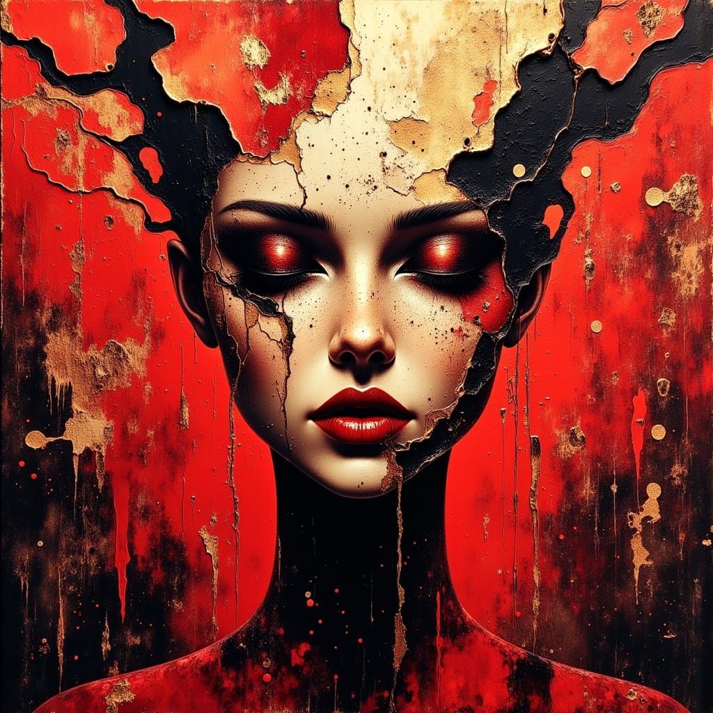 Surreal Red Artwork with Gold Leaf Accents in a Morbid Style