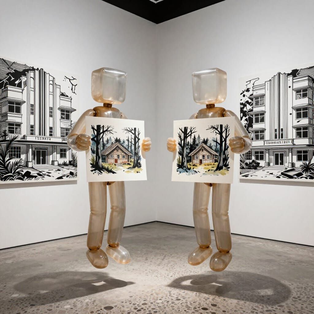 Abstract Figures Levitate Over Art Prints in Gallery