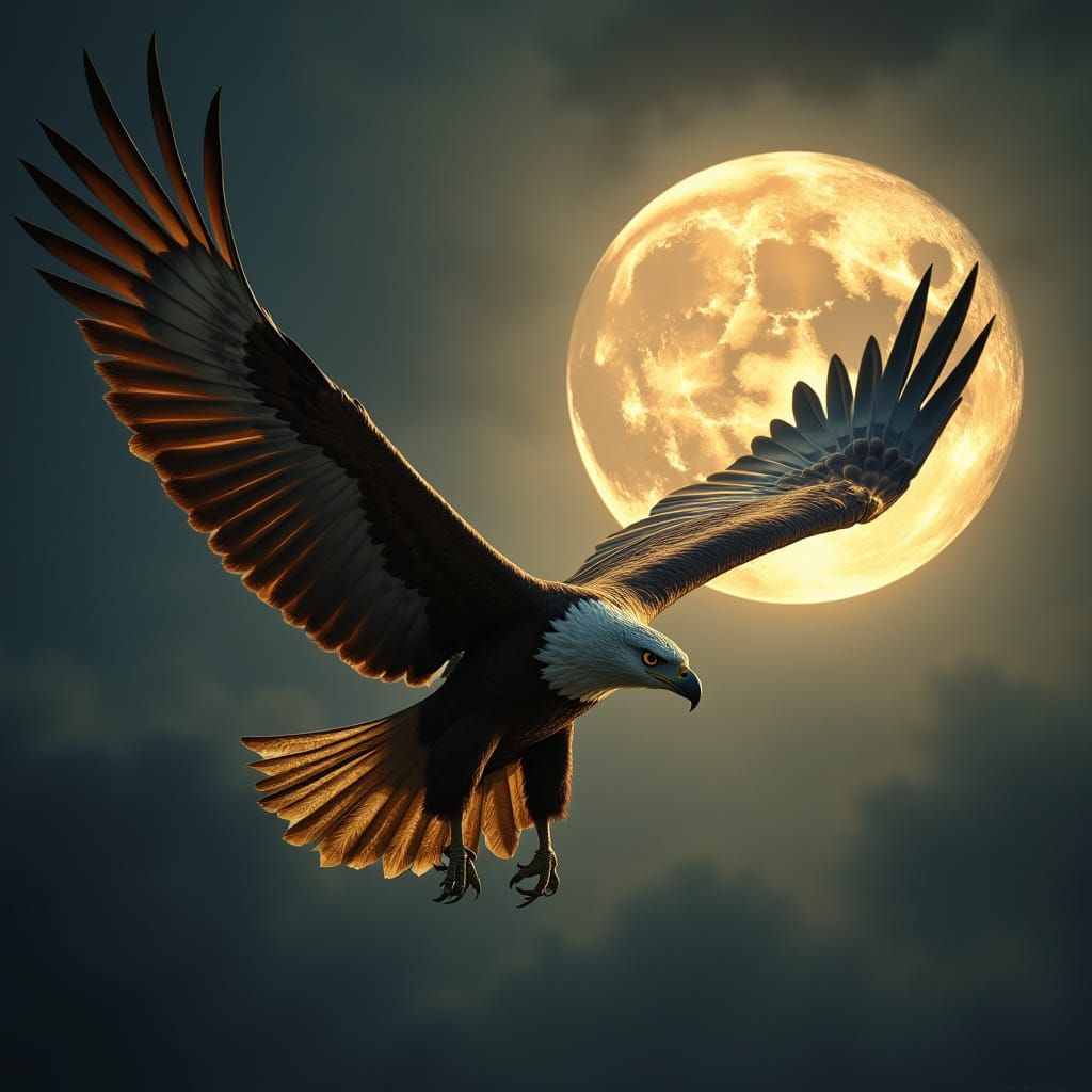 Golden Eagle Soars Under Metallic Moon in Cyberpunk Digital ...