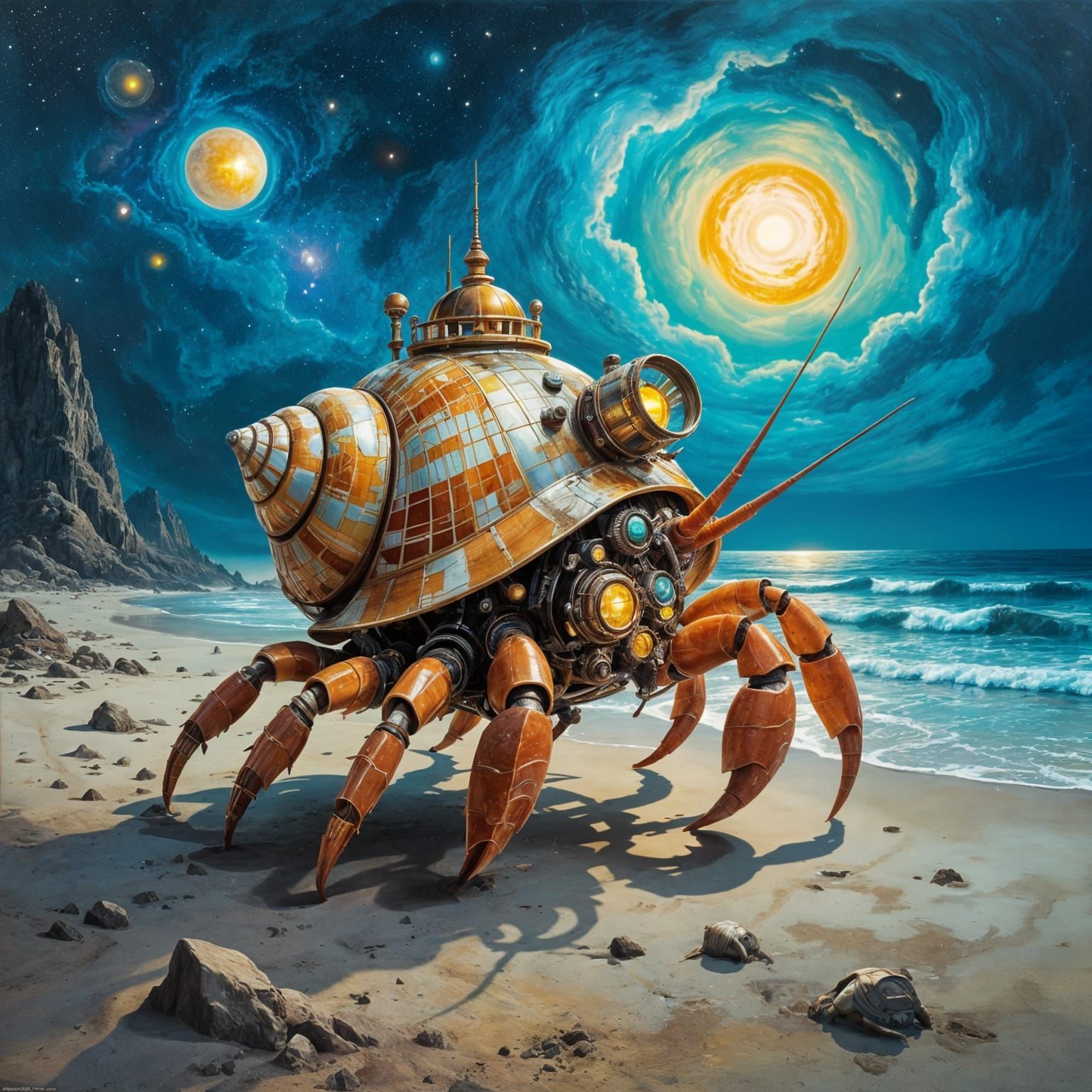 Giant Bioluminescent Crab with Steampunk Observatory on Alie...