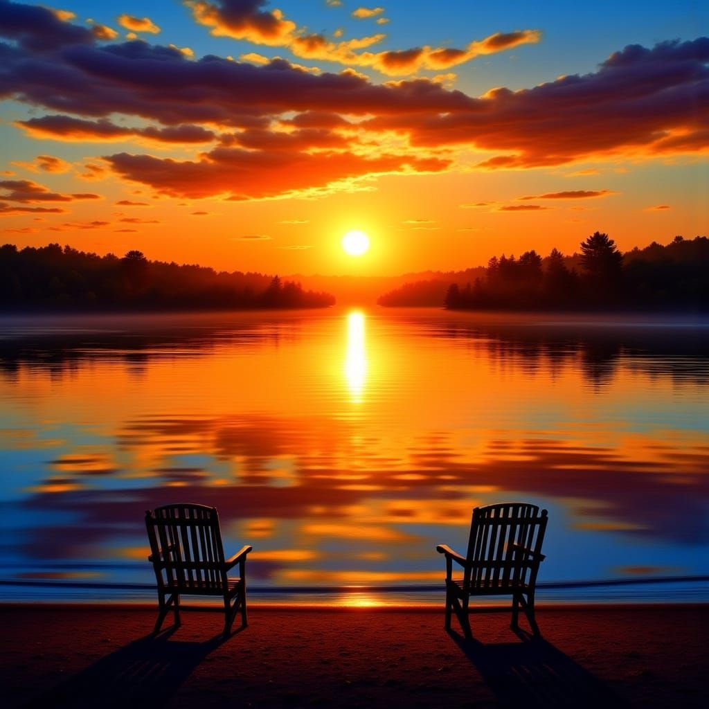 Colorful Sunset Painting Over Calm Lake