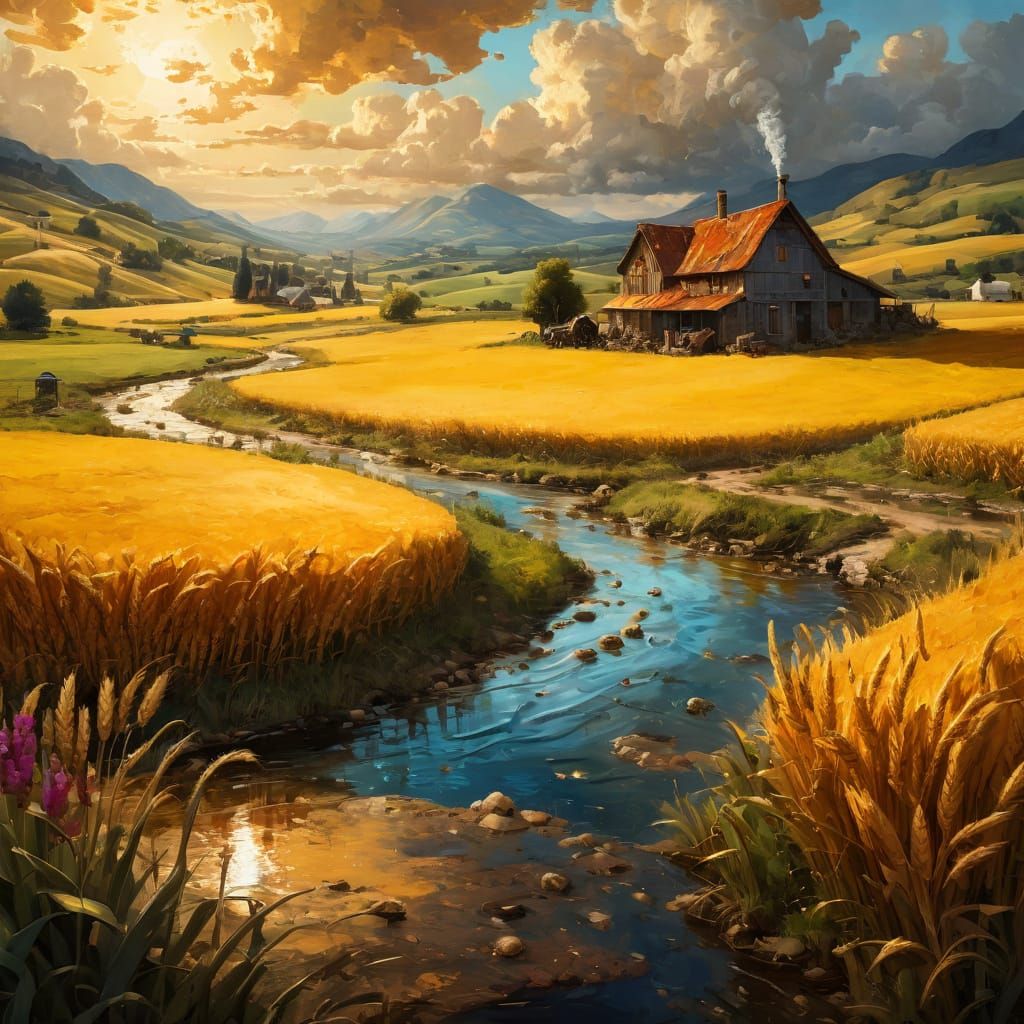 Rural Farm with Wheat Fields as Oil Painting