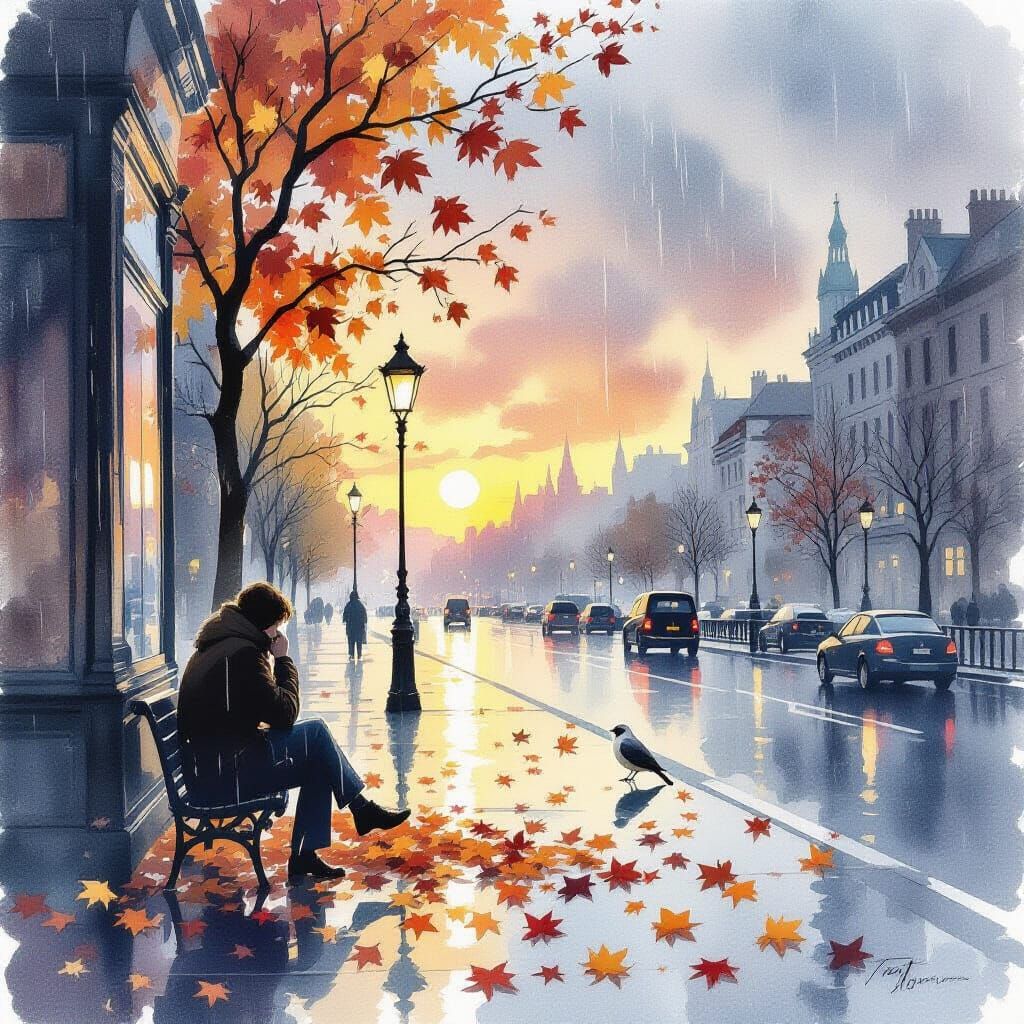 Solitary Figure Gazes at Autumn Leaves in Muted Watercolor