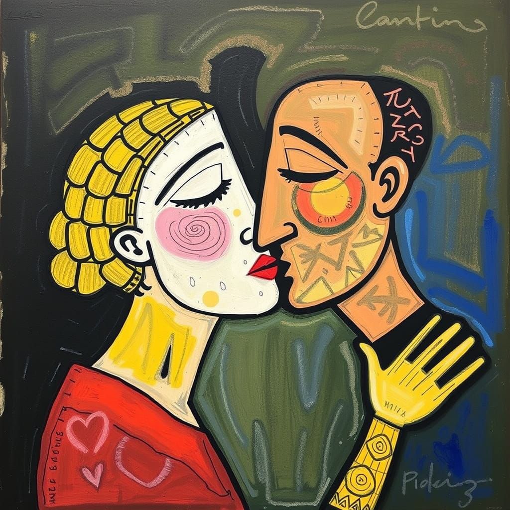 The Kiss: Cubist Embrace in Oil