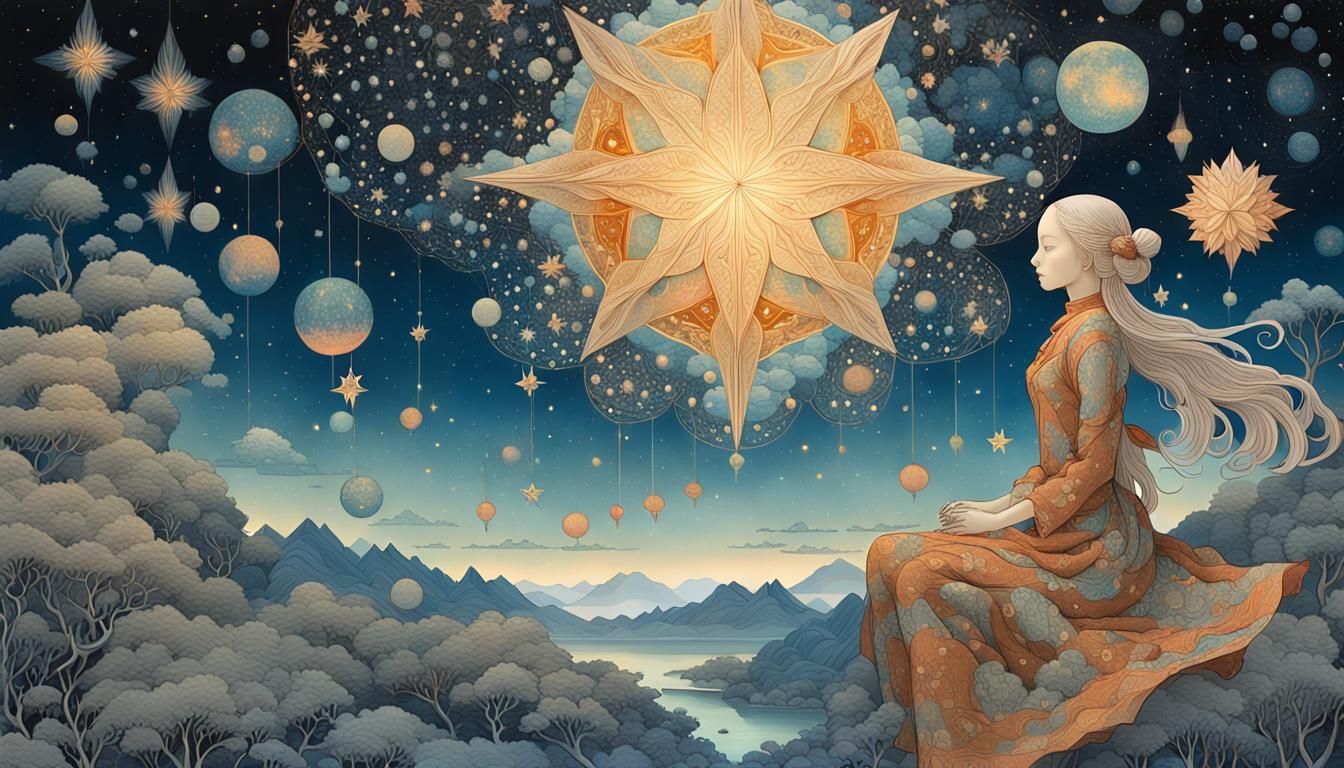 Celestial Woman in Surreal Starry Night Art