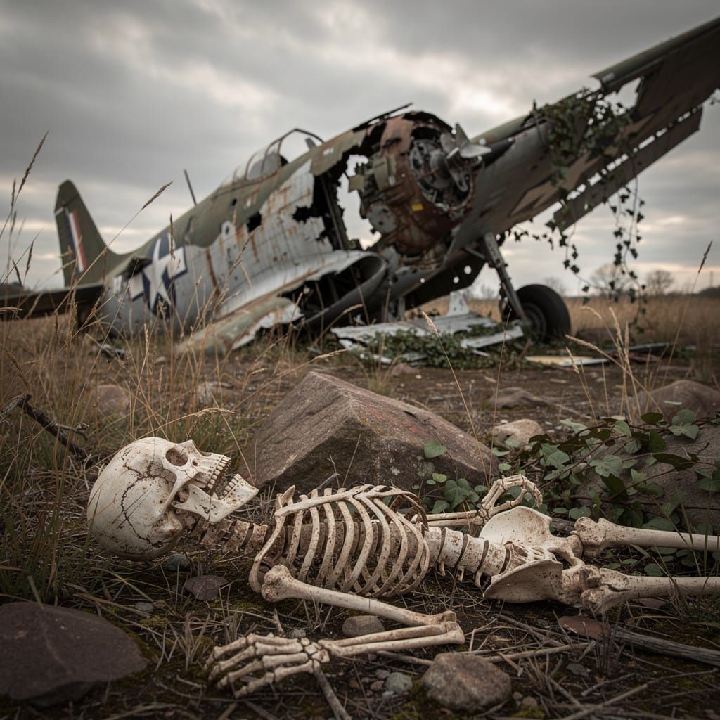 Skeleton Beside Crashed WWII Airplane