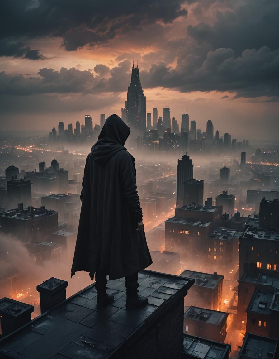 Dystopian Assassin in Dark Gothic Cityscape