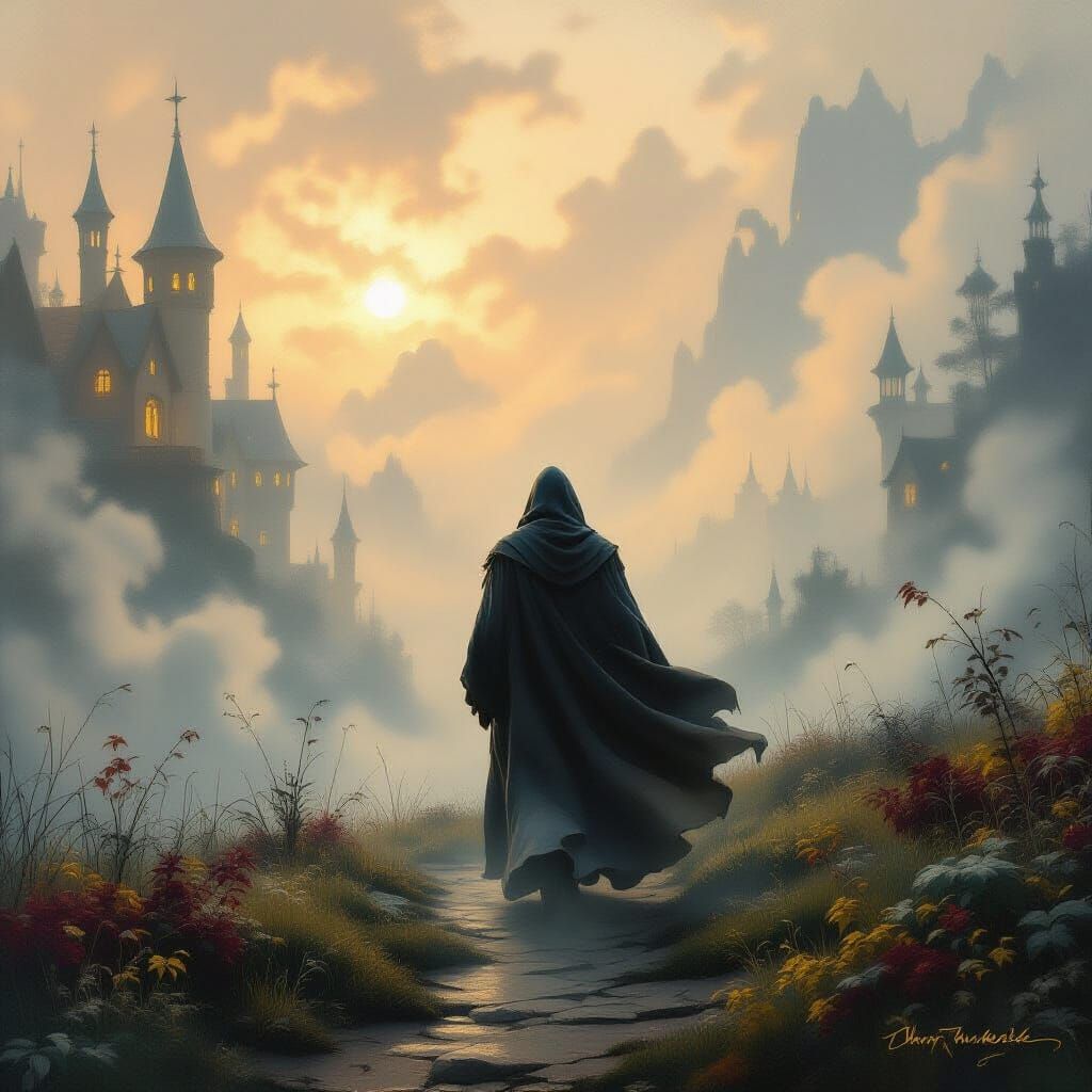 Ethereal Figure Weathering Storm in Dreamlike Landscape