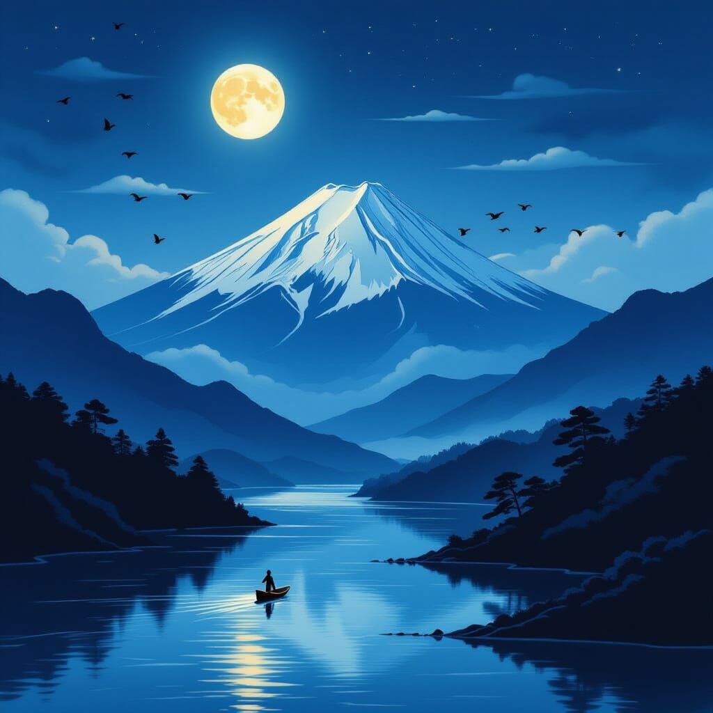 Majestic Moonlit Mt. Fuji in Japanese Painting Style
