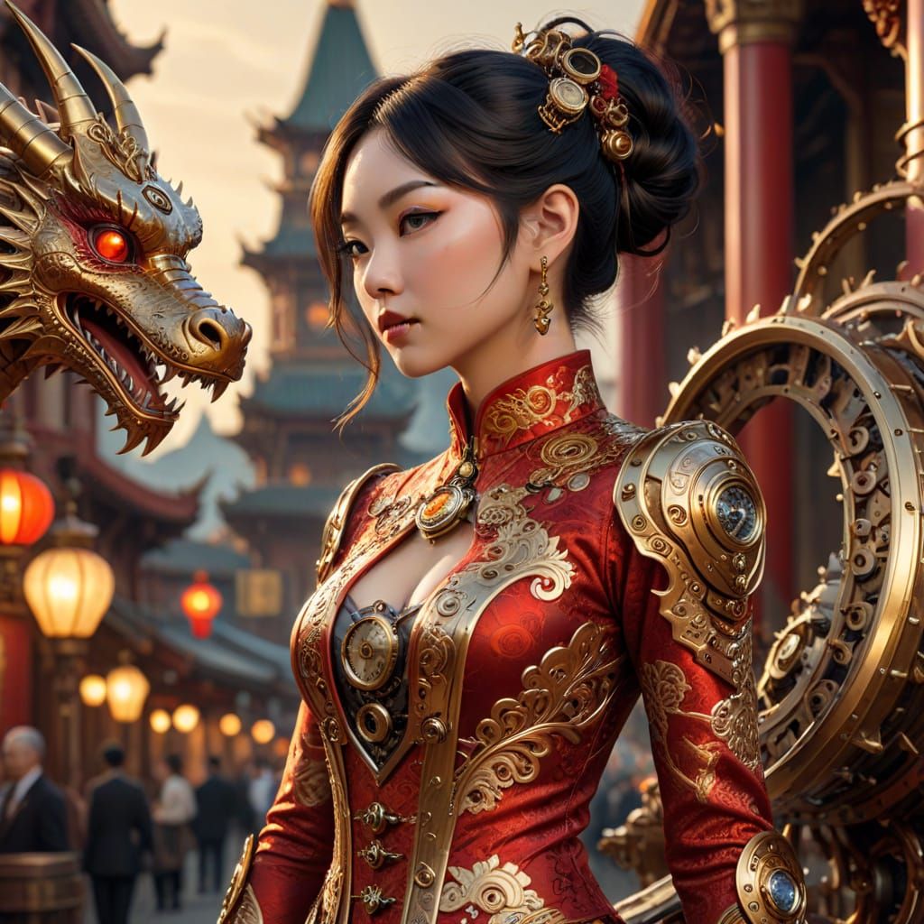 Steampunk Anime: Chinese Lady in Red and Gold
