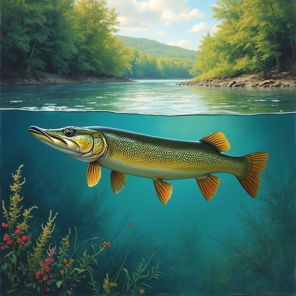 Majestic Northern Pike in a Serene River Landscape