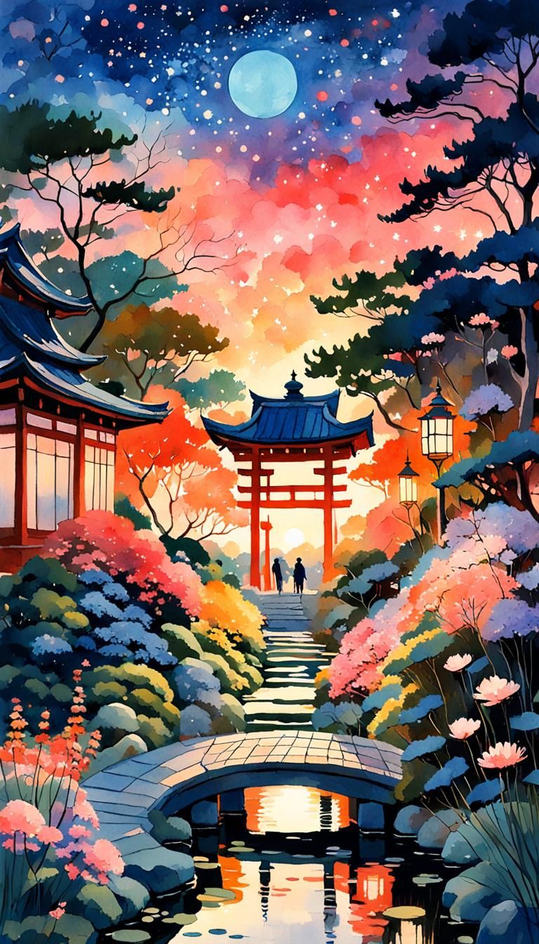 Japanese Garden at Sunset in Gouache Style