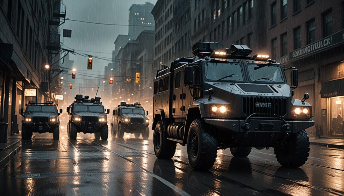 Armored SWAT Trucks Speed Through a Gritty City Night