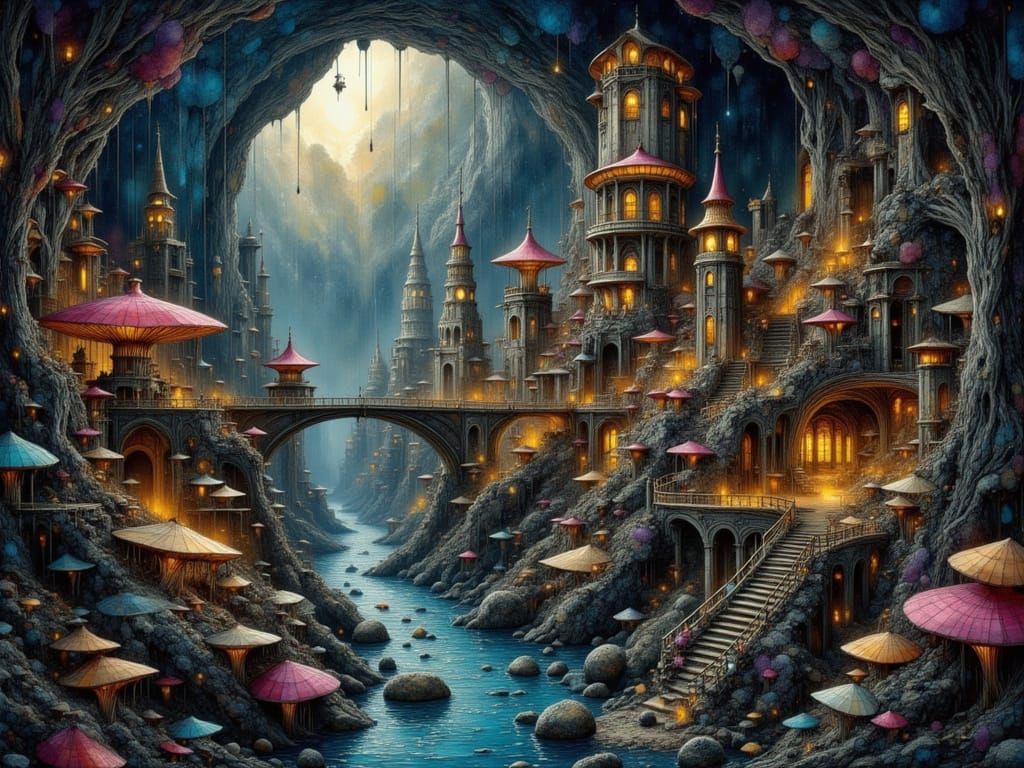 Cavern City with Ornate Buildings in Sci-Fi Style