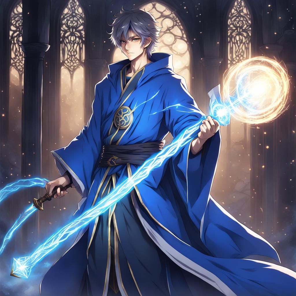 Male Mage with Glowing Staff in Anime Style