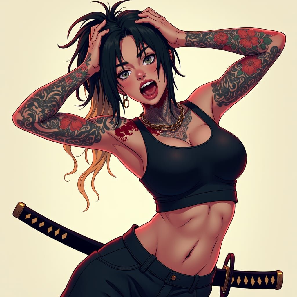 Anime Woman with Tattoos, Katana, and Blood