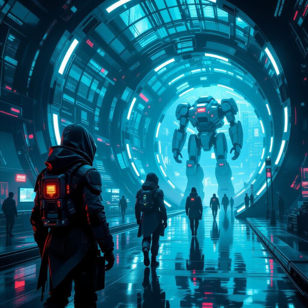 Cyberpunk Underwater City with Cybernetic Figures