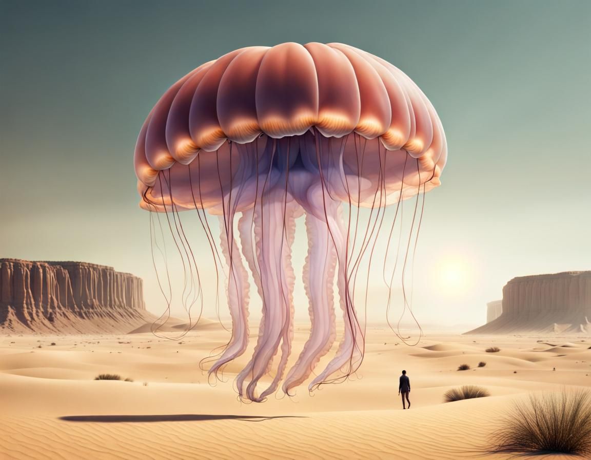 Giant Jellyfish Hovering Over Desert Landscape