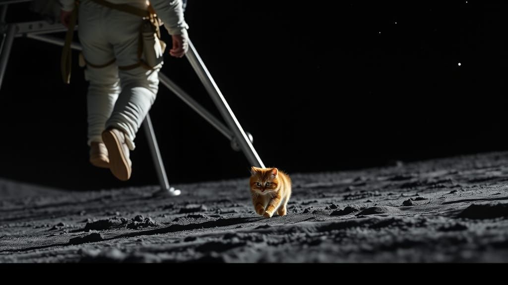 Astronaut Meets Ginger Cat on the Moon