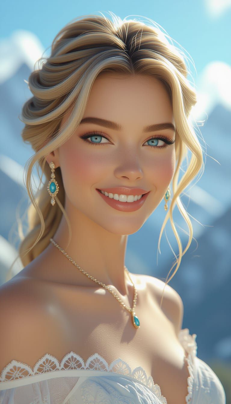 Exotic Woman Smiling in Majestic Mountains