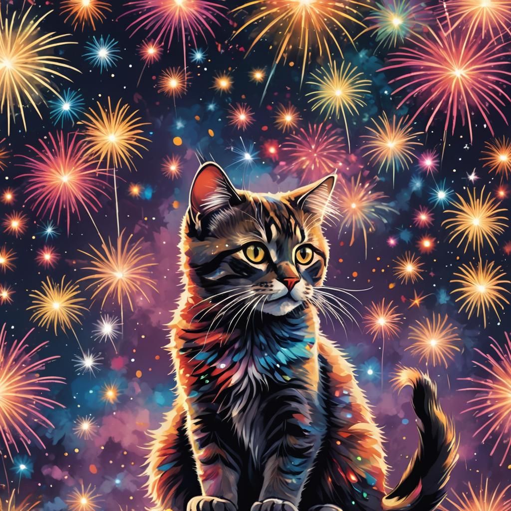 Cat Dances with Fireworks in Graffiti Art Style